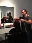 Lorelei Shellist image consultant getting haircut by Olvier at Dry Cuts