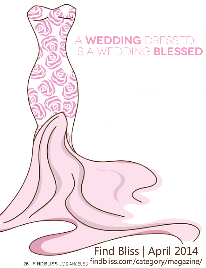 graphic of pink rose print gown from author Lorelei Shellist's Style column in Find Bliss Magazine, April 2014 article: A Wedding Dressed is a Wedding Blessed by Lorelei Shellist