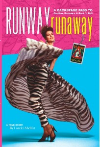 Lorelei Shellist, author is pictured on the cover of her book Runway Runaway modeling a zebra striped gown and body suit