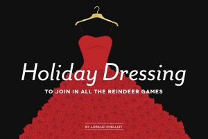 LA Yoga article by Lorelei Shellist, Holiday Dressing: To Play in All the Reindeer Games caption over graphic red ball gown on hanger, black background