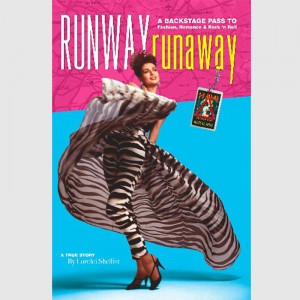 Book cover - Runway Runaway by Lorelei Shellist fashion model - Lorelei wearing zebra print outfit on turquoise and pink background